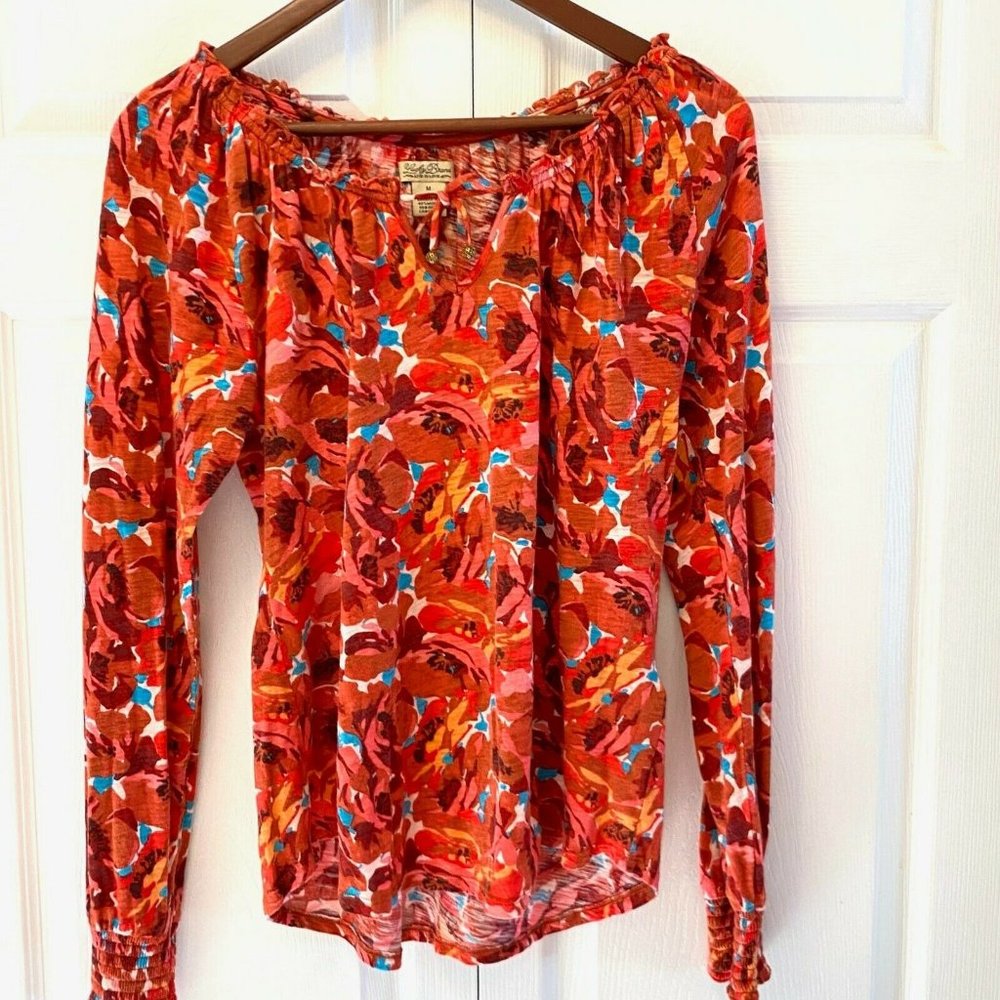 (4 for $20) 💛Lucky Brand Red Abstract Floral Mocked Long Sleeve Top